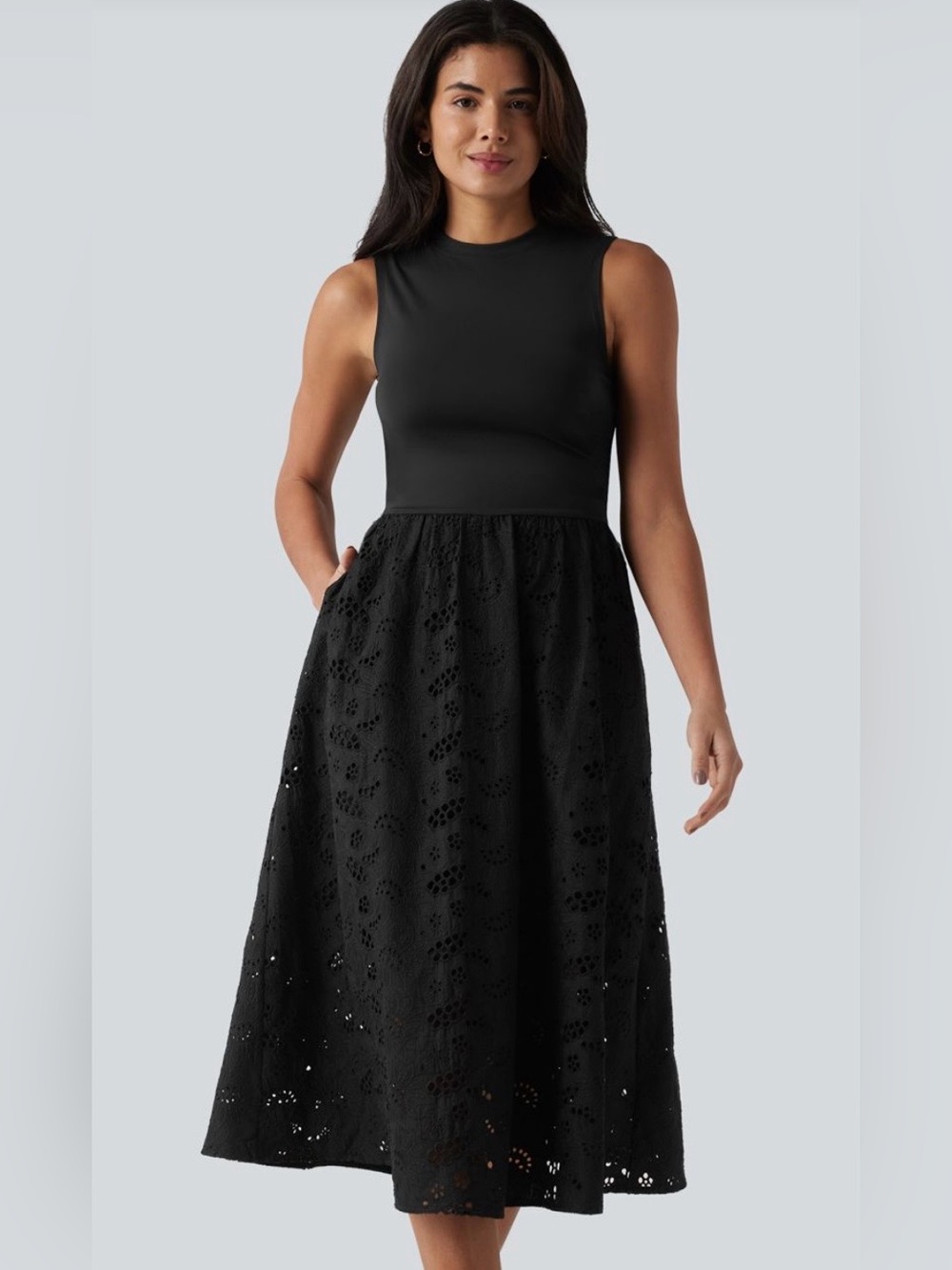 Halara| New Round Neck Sleeveless Midi Embroidery Eyelet Resort  Dress Pockets L